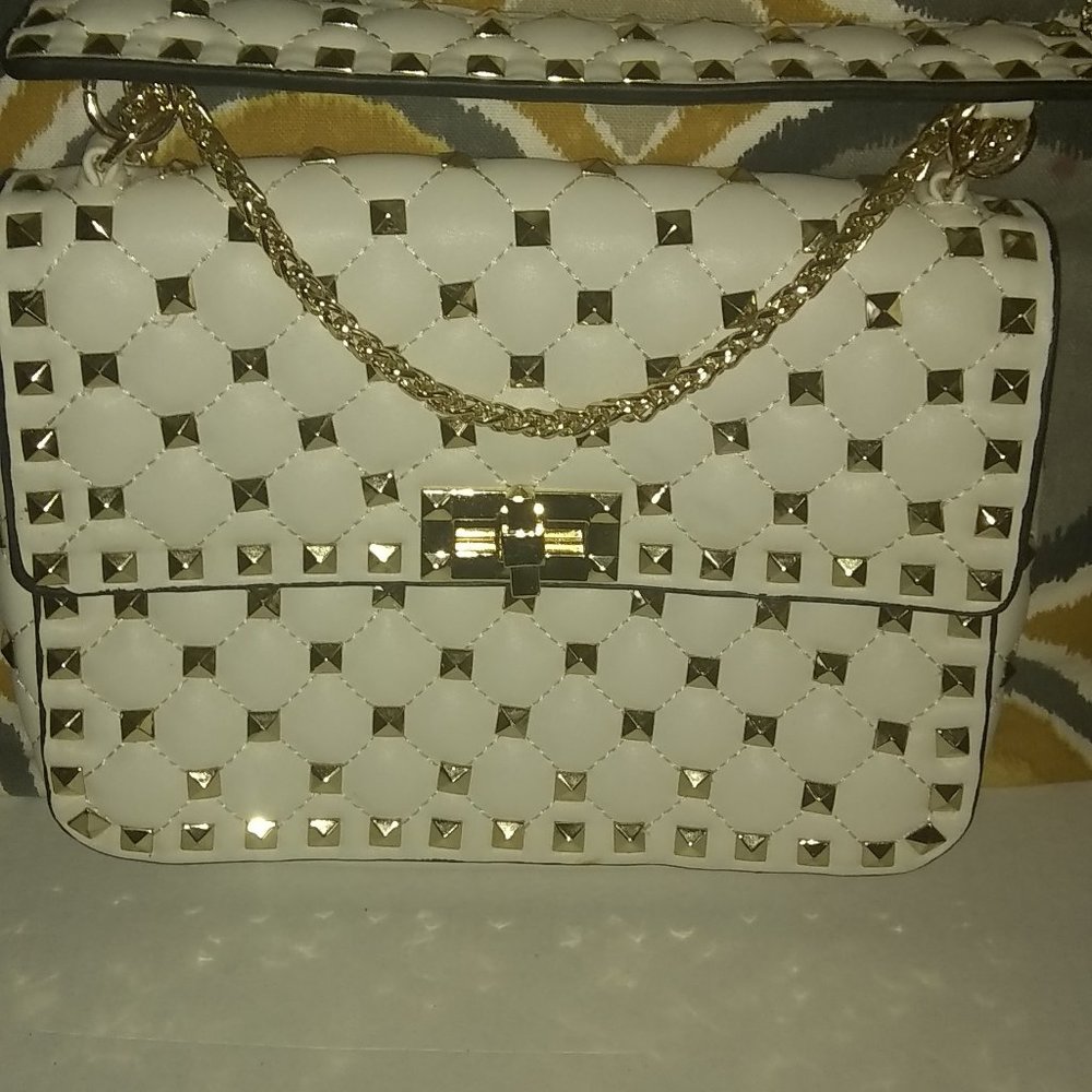 White Faux Diamond Studded Leather Inzi Purse